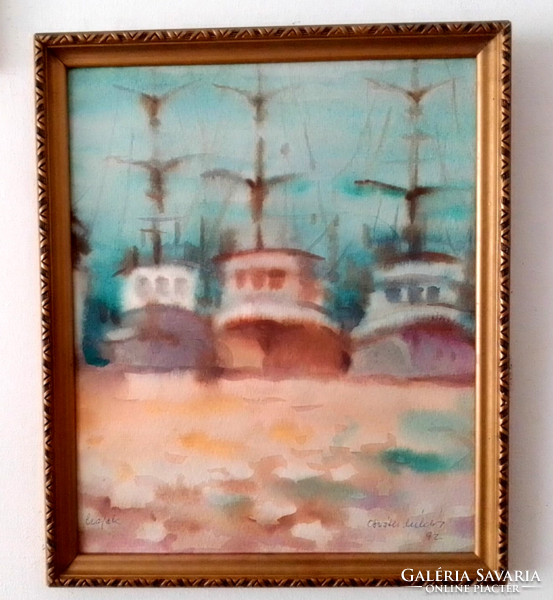 Hajók / Osváth Miklós festő és grafikus művész,1938-2004 / akvarell festménye.
