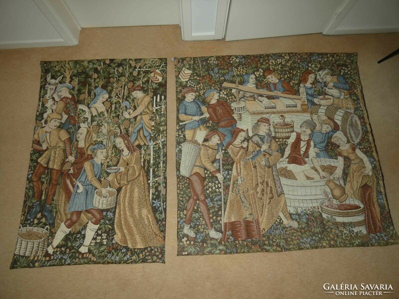 Két darab gyönyörű, szüretet és borkészítést ábrázoló flamand antik faliszőnyeg