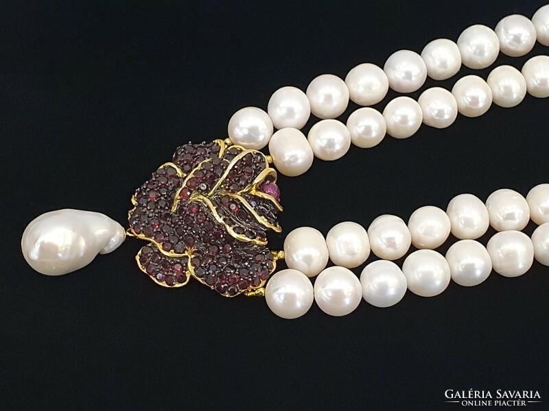 925 Silver 14kt gold-plated true pearl necklace with garnet and ruby gemstone