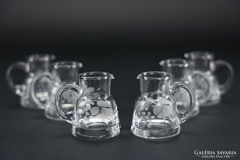 Glass, polished, grape-patterned cups with ears, 6 pieces.