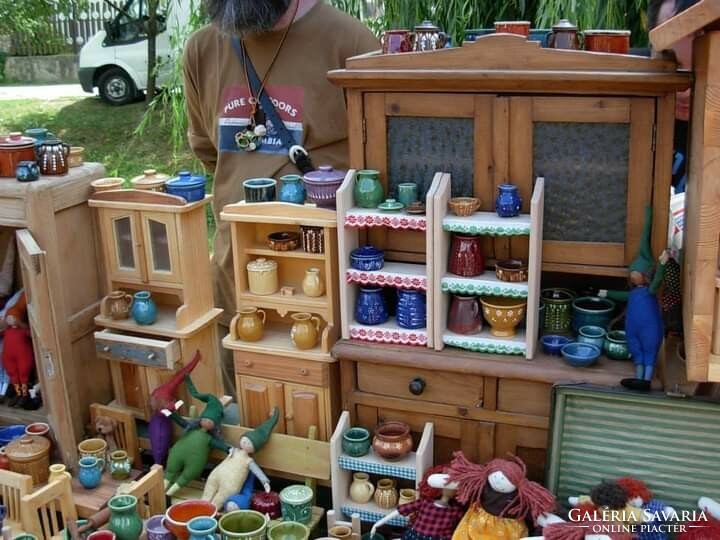 Doll house wooden kitchen storage and ceramic dishes