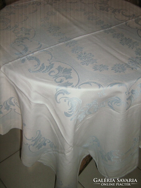 Beautiful antique vintage baroque acanthus leaf pattern pale blue damask tablecloth