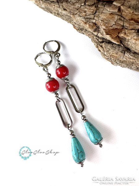 Red and turquoise... Stainless steel long earrings