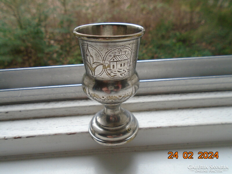 Czarist Russian Judaica kiddush tumbler with engraved church and leaf designs with gold monogram