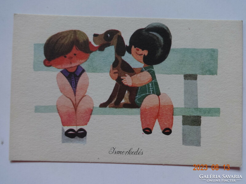 Old humorous, graphic greeting card, postage stamp - getting to know each other - solid winning drawing