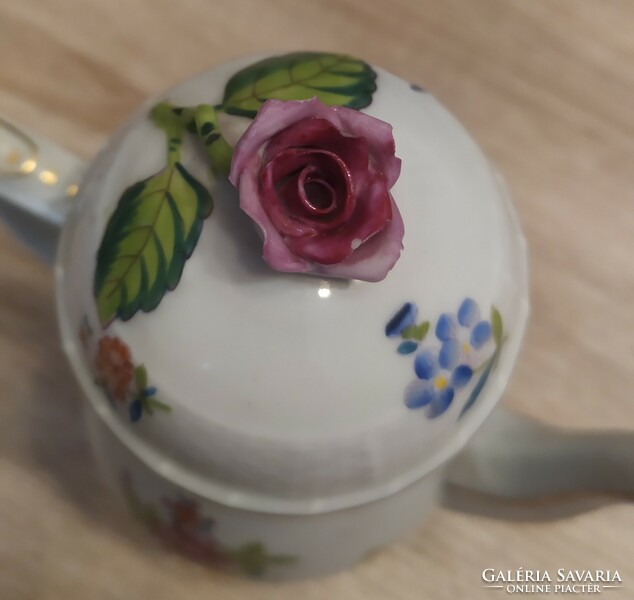 Herendi porcelán 6 személyes kávéskészlet, rózsafogós kannával, cukordobozzal, pecsétes jelzéssel.