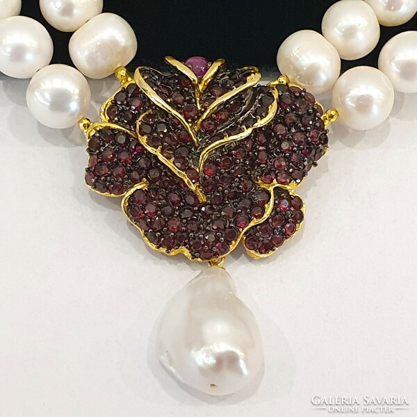 925 Silver 14kt gold-plated true pearl necklace with garnet and ruby gemstone