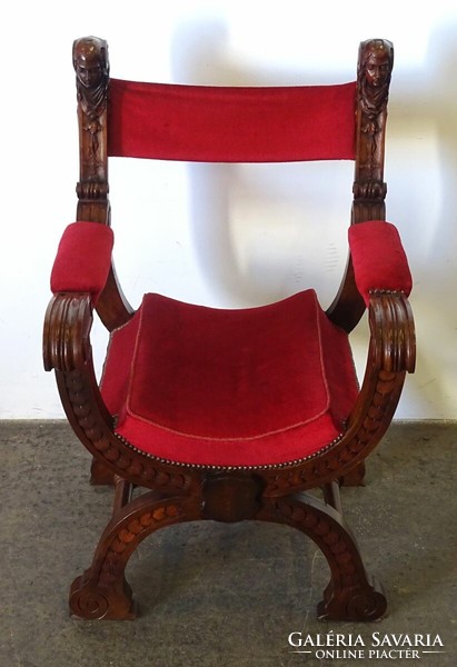 1Q575 Antik velencei szék kárpitozott faragott emberfejes trónszék