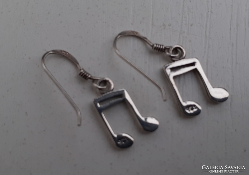 Marked sterling silver hook-and-loop earrings with a musical note pendant, studded with stones, in good condition