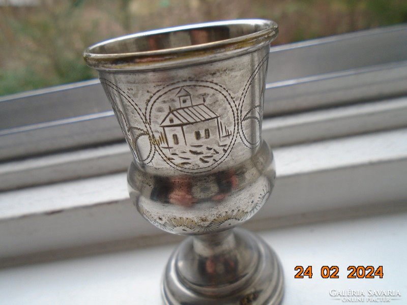 Cári orosz judaika kiddush talpas pohár gravírozott templom és levél mintákkal ötvös monogrammal