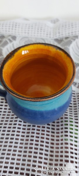 Alternation of retro blue colors, matte and glossy, rough and smooth belly glazed ceramic mug, spout - 1/2 l