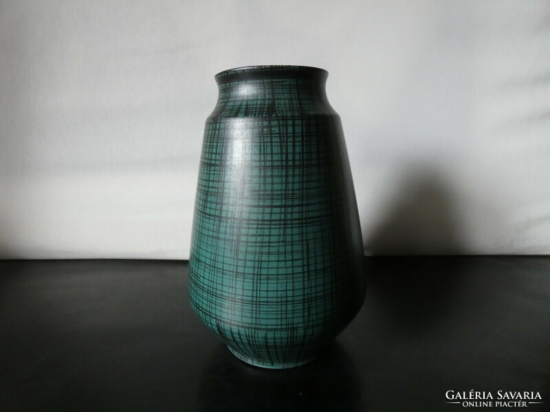 Carstens Zöld-fekete  pepita dekoros  matt mázas váza  1224-23 Nyugat-Németország. WGP. 1950.