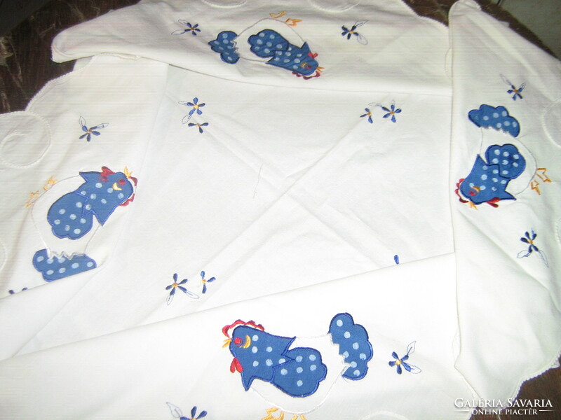 Beautiful blue appliqué hen pattern Easter tablecloth