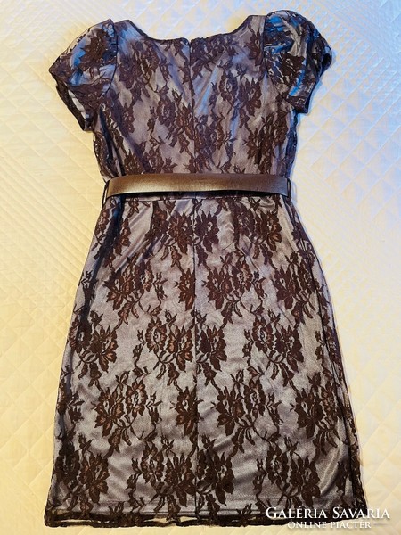 Mango silver gray-brown lace dress with belt