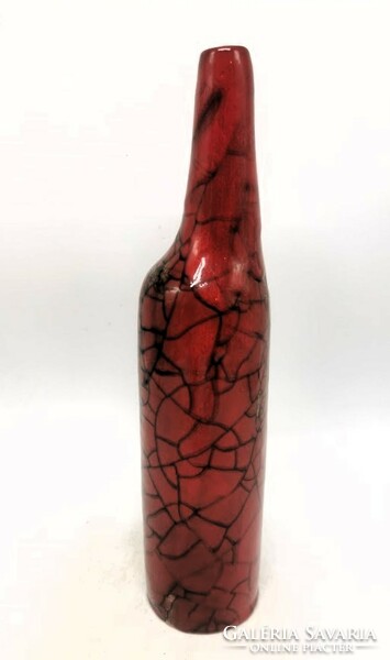 32.5 cm retro vase, Hungarian applied art ceramics, cracked burgundy glaze, sometimes with a golden glow