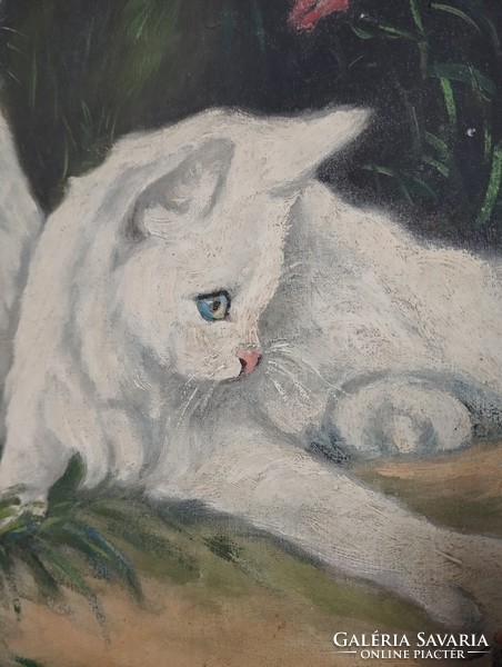 Old Antique Cat Painting, Cat Painting, White Persian/Angora