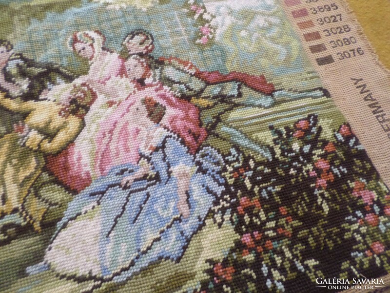 A beautiful tapestry picture with a baroque scene, fully embroidered with meticulous handwork.