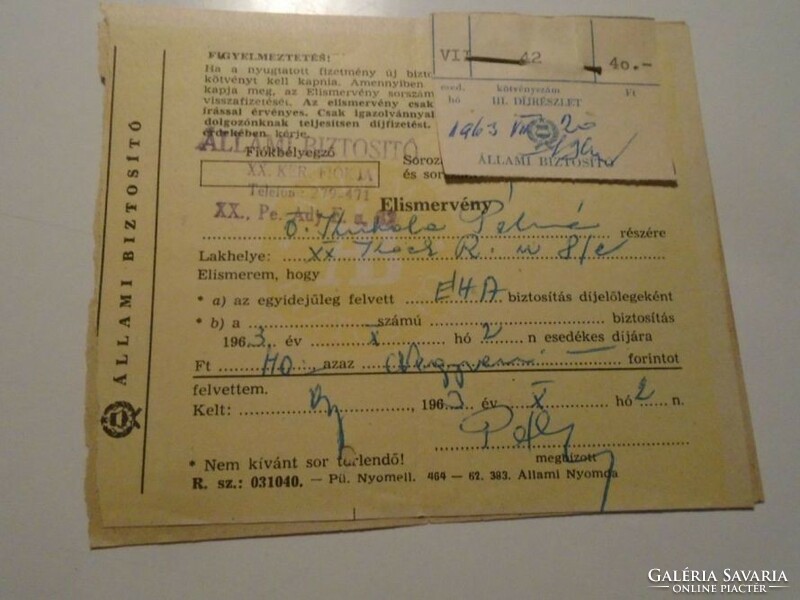 Za490.33 - One of the documents of László Kubala's parents 1963 Budapest - Pálné kubala fig.