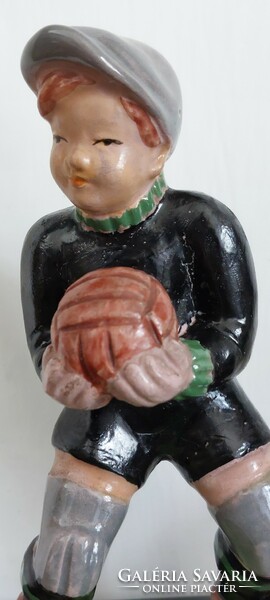 Retro applied art Izsépy glazed ceramic soccer goalkeeper figure - 16 cm high
