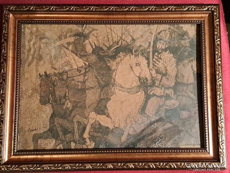 Mihály Gácsi. Antique picture battle scene. Size: 26x35 cm. With glazed frame.