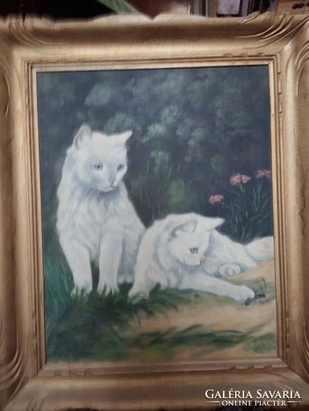 Old Antique Cat Painting, Cat Painting, White Persian/Angora