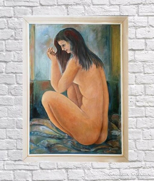 Juried, oil nude with title after bathing, ready for sale on the wall