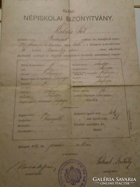 Za490.35 - One of the documents of László Kubala's parents 1909 Budapest - Pál Kubala Kurjás certificate