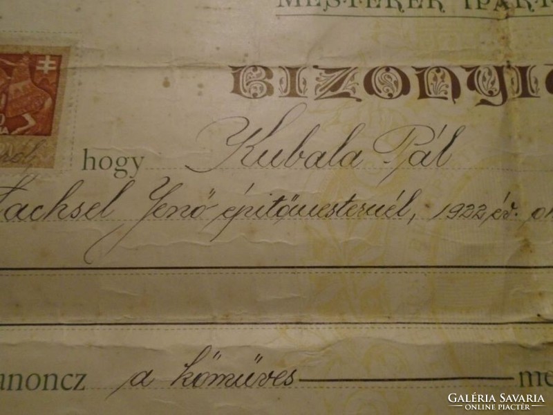 Za492.2- One of the documents of László Kubala's father, certificate 1923 Budapest - Pál Kubala