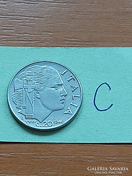Italy 20 centesimi 1940 xviii. R, knurled, steel, nickel, iii. King Victor Emmanuel #c