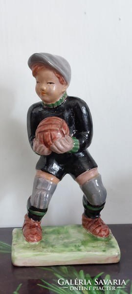 Retro applied art Izsépy glazed ceramic soccer goalkeeper figure - 16 cm high