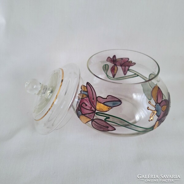 Glass sugar bowl, bonbonnier, hand painted