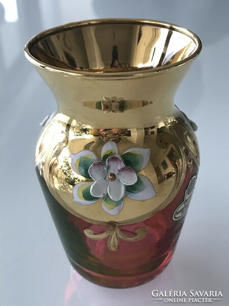 Purple glass vase with porcelain decoration, rich gilding, palda glas