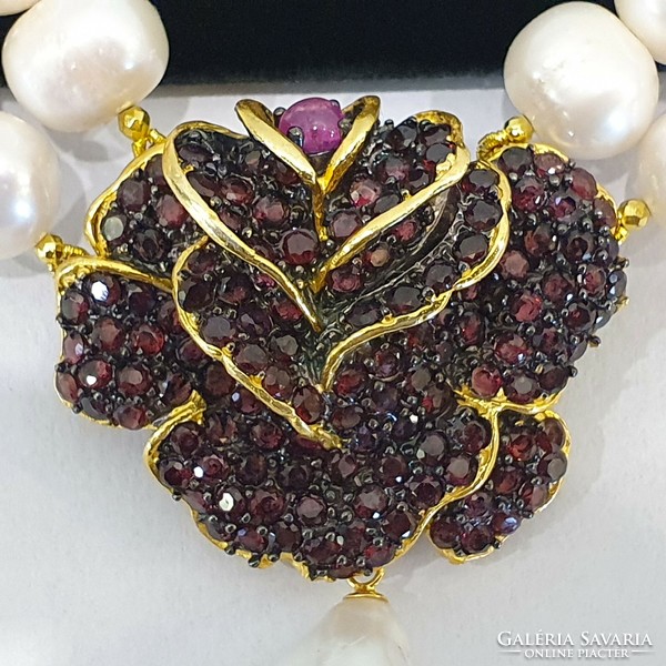 925 Silver 14kt gold-plated true pearl necklace with garnet and ruby gemstone