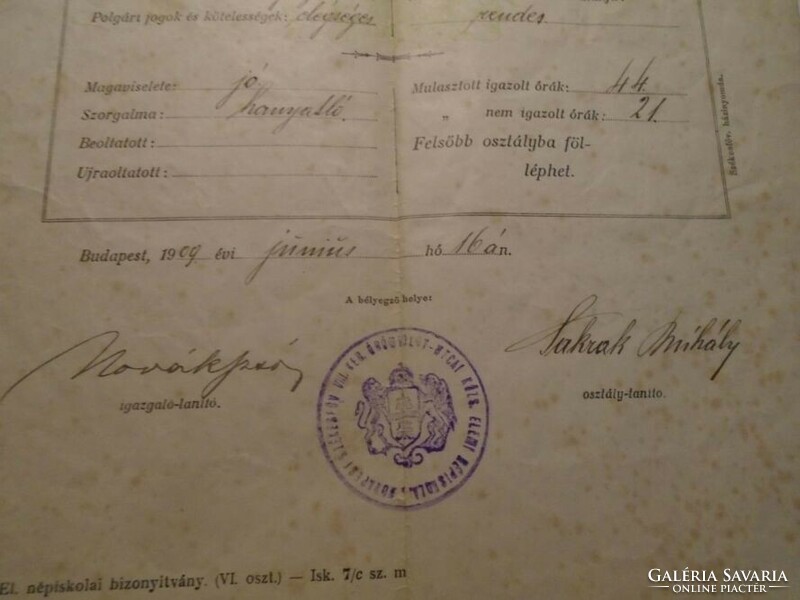 ZA490.35  - Kubala László szüleinek  egyik irata  1909  Budapest - Kubala Kurjás Pál  bizonyítvány