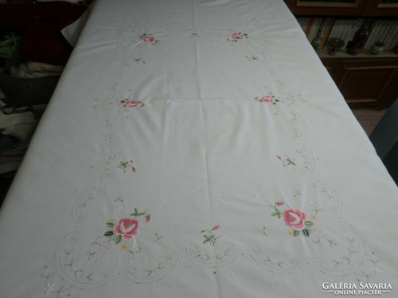 Pale cream embroidered pink large cotton tablecloth.