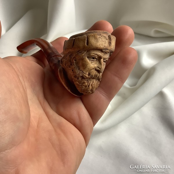 1800 Tajtékkő pipa borostyán szipka Török basa szakállas fej arc bajusz turbán keleti kézi faragás