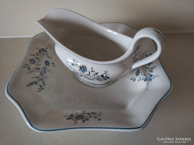 Hand-painted saucer with a violet pattern, with a spoon, blue flowers