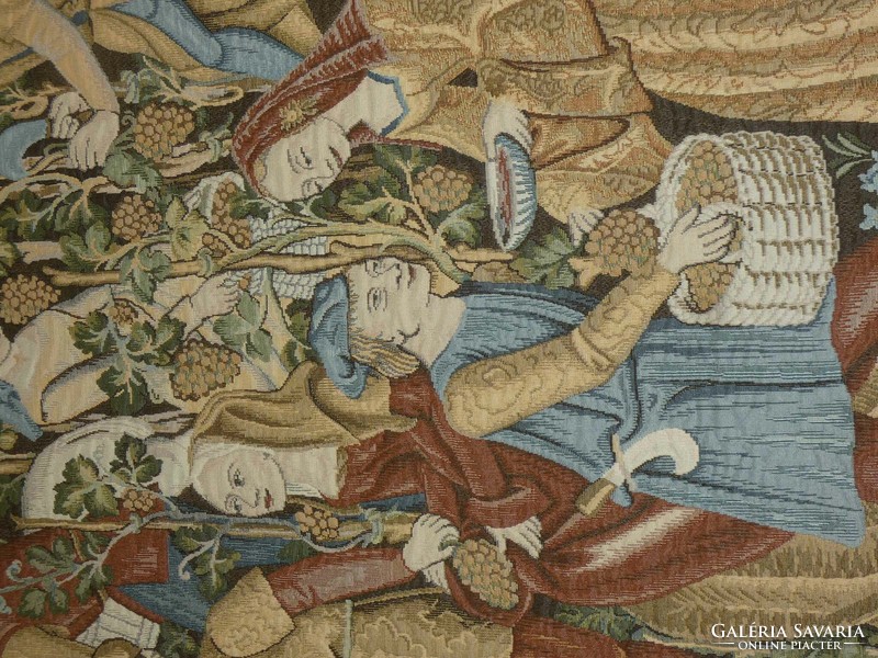 Két darab gyönyörű, szüretet és borkészítést ábrázoló flamand antik faliszőnyeg
