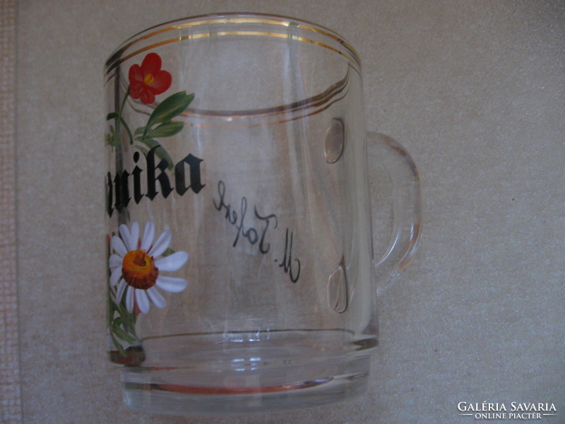 Floral painted, gilded, coffee, tea, mulled wine glass mug with Monika's name