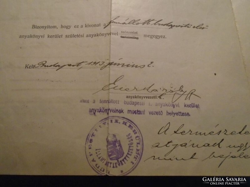 ZA492.4 Kubala László apjának  születési anyakönyvi kivonata 1913 Budapest - Kubala Kurjás Pál