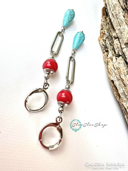 Red and turquoise... Stainless steel long earrings