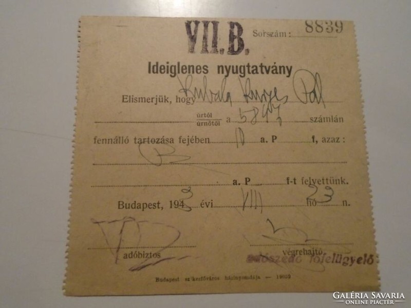 Za492.15 - one of László Kubala's father's documents - receipt 1943 Budapest - Pál Kurjás Kubala