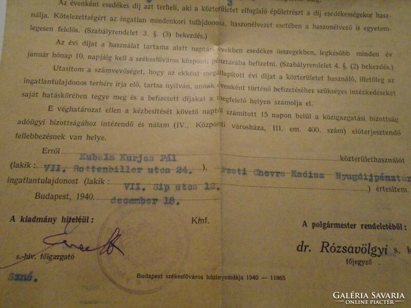 ZA490.41  - Kubala László szüleinek egyik irata 1940 Kubala Kurjás Pál-Budapest. szf. Poilgármestere
