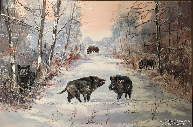 60X40 cm wanderers c. A wild painting with a solid wooden picture frame!-Wild boars