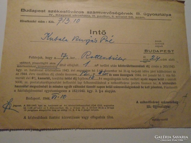 ZA492.13- Kubala László apjának  egyik irata   1944   Budapest  Székesfővárosi számvevőség