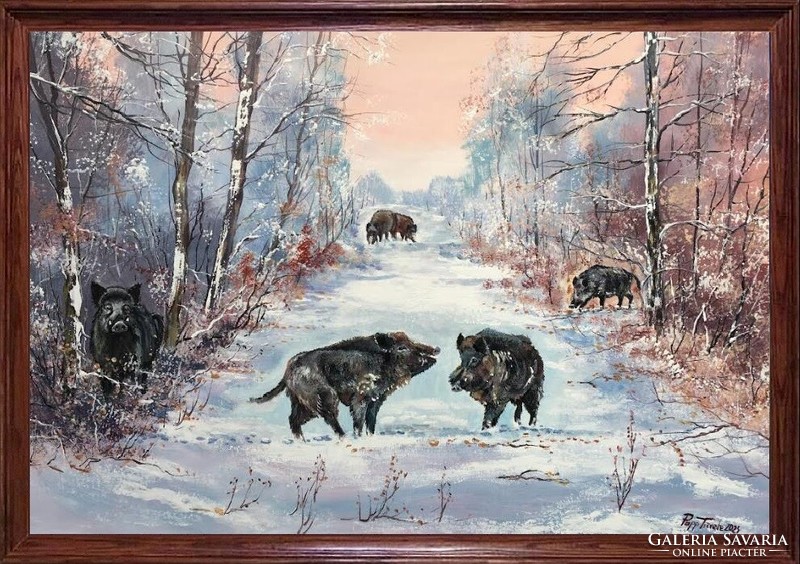 60X40 cm wanderers c. A wild painting with a solid wooden picture frame!-Wild boars