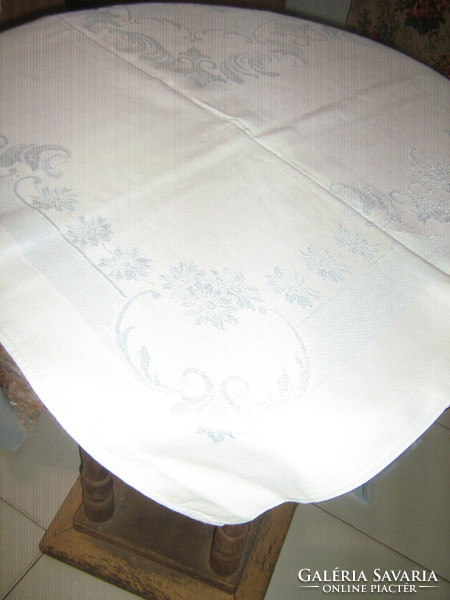 Beautiful antique vintage baroque acanthus leaf pattern pale blue damask tablecloth