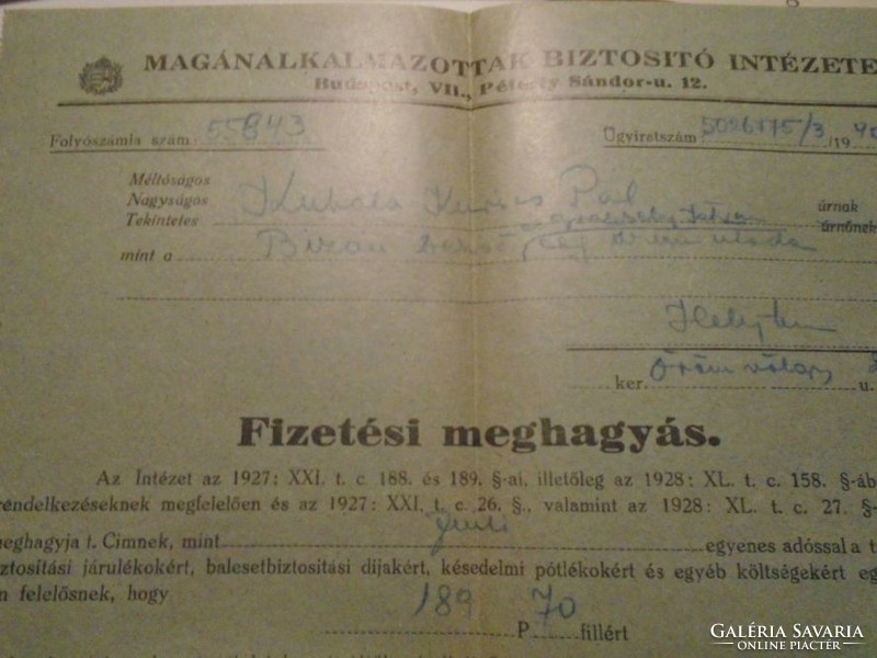 ZA490.38  - Kubala László szüleinek egyik irata  1942 Budapest -  Kubala Kurjás Pál - Fizetési megh.