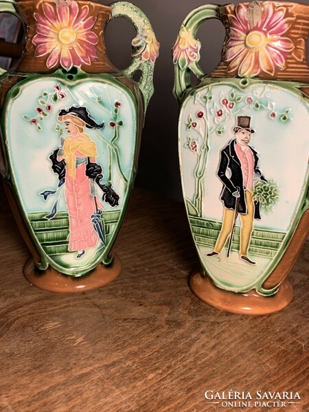 Art Nouveau majolica vase in a pair