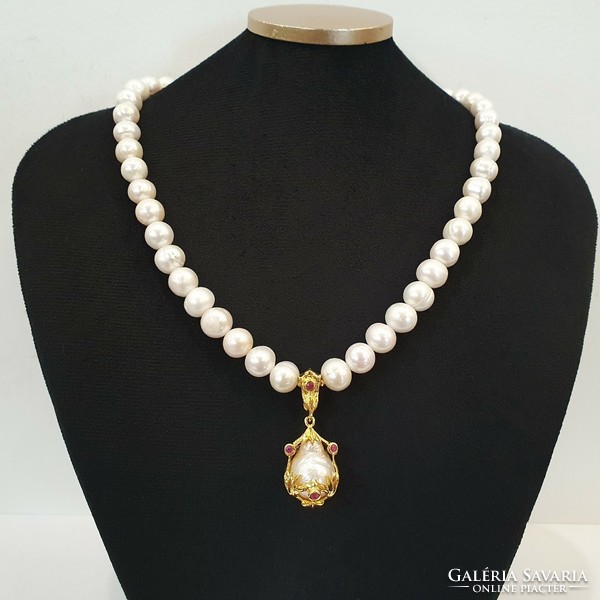 925 Silver 14kt gold-plated true pearl necklace with a small ruby gemstone
